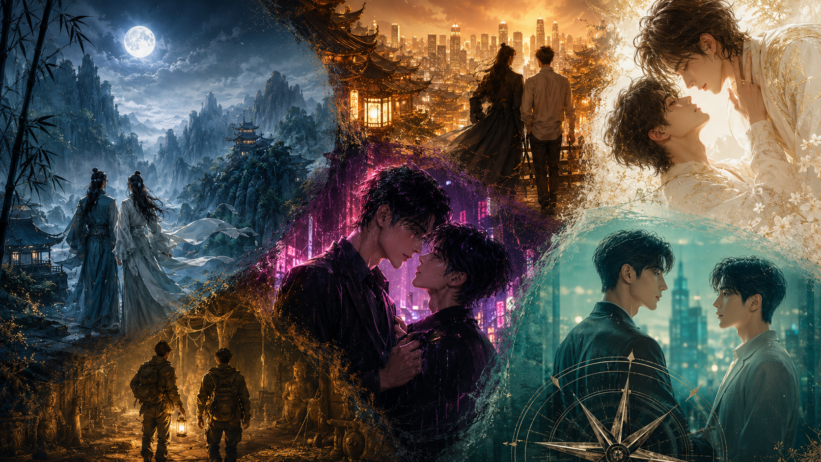 Original editorial collage artwork featuring multiple BL-inspired worlds and couples